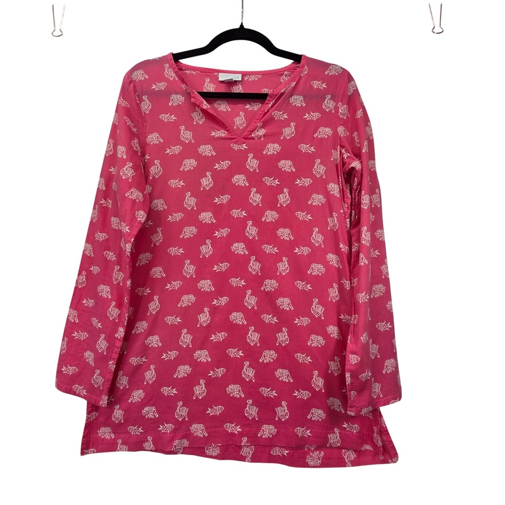 J. Jill Pink Cotton Animal Print Tunic Top Elephant Camel Fish XS Tropical Artsy